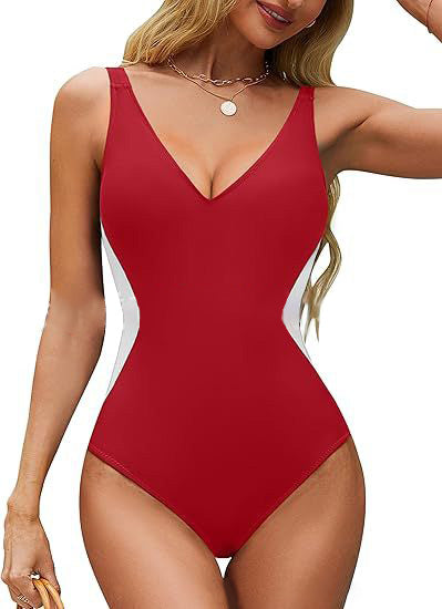 🏖️🏝️2025 Summer Hot Sale 50% OFF🏝️Illusion Waist-Cinching Deep V Color Block Swimsuit