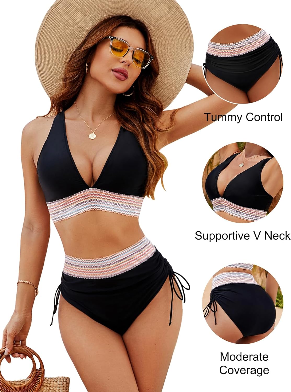 🔥Last Day Special Price £12.99!!💥-👙High Waisted Tummy Control Color Block Bikini Sets