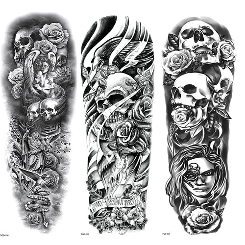 3 Sheets Rose Skull Full Arm Sleeves