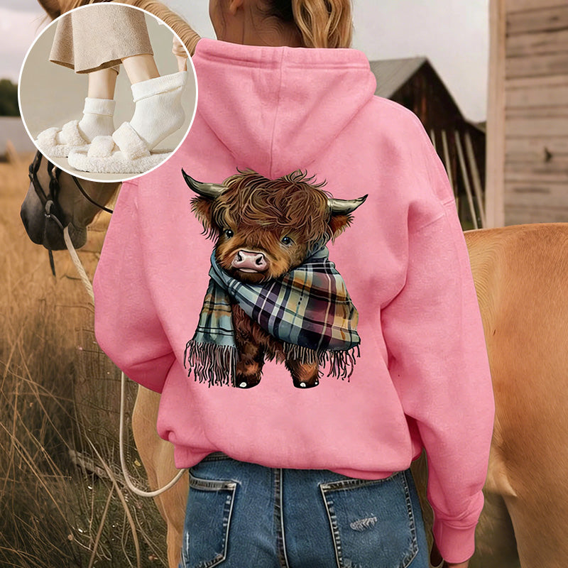 🎄HOT SALE 50% OFF!!🎁Cute Highland Cow Cozy Fleece-Lined Hooded Sweatshirt🦬✨Perfect Gift for Her!