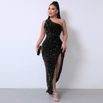 💃LAST DAY SALE 50% OFF!!💋Women's Glitter Sequins One Shoulder Ruched Split Thigh Bodycon Dress