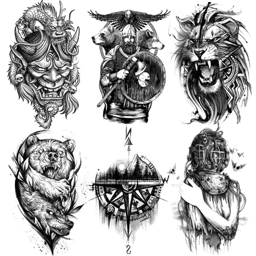 6 Sheets Arm Leg Temporary Tattoo - Compass Dragon Prajna Lion Bear Wolf Patronus Mountain