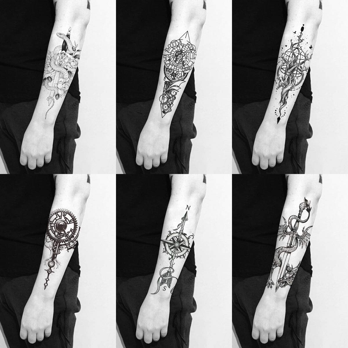 8 Sheets Black Arrow Compass Feather Dragon Anchor Sword Snake Tree Flower Temporary Tattoos for Arm
