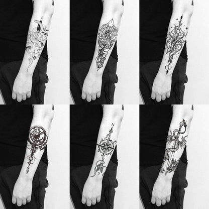 8 Sheets Black Arrow Compass Feather Dragon Anchor Sword Snake Tree Flower Temporary Tattoos for Arm