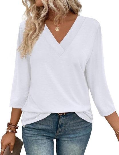 NEW🔥 Women's V Neck 3/4 Long Sleeve  Loose Fit  Tops