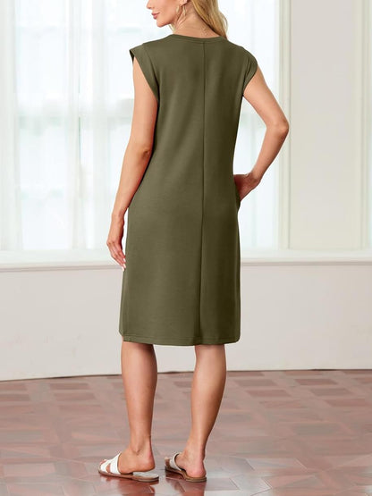 🔥Summer Sale 49% OFF💥Women Round Neck Loose Split Wrinkle-Free Midi Dress with Pockets