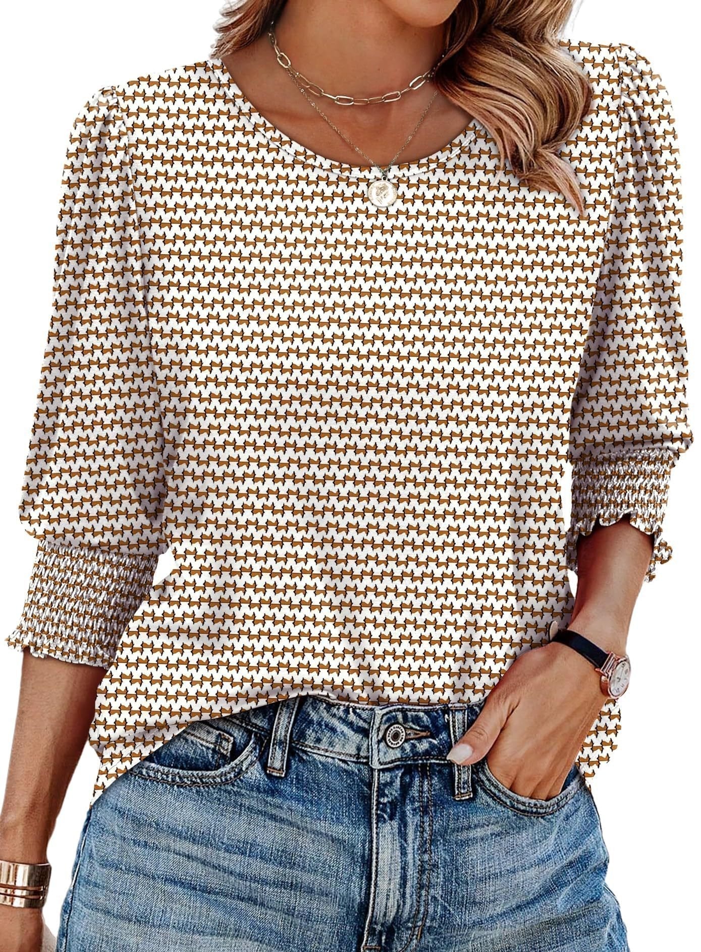 ☀️Summer Hot Sale 50% OFF🌼Blouses for Women Dressy Casual 3/4 Length Sleeve Tops with Smocked Cuffs