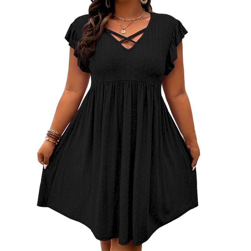 Women's Criss-Cross V-Neck Flutter Sleeve Flowy Dress