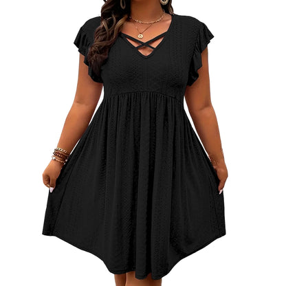 Women's Criss-Cross V-Neck Flutter Sleeve Flowy Dress