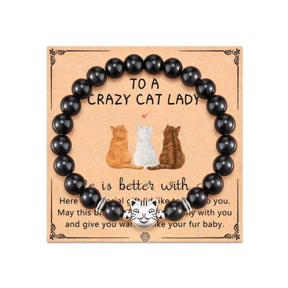 🐱To That Special Crazy Cat Lady – Life Is Better with Cats Black Stone Beaded Bracelet
