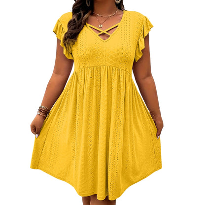 Women's Criss-Cross V-Neck Flutter Sleeve Flowy Dress