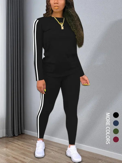 Women's Striped Print Long Sleeve Top & Pants Two-piece Set, Casual Fashion Cozy Round Neck Top & Trousers for Daily Outdoor Wear, Ladies Clothes