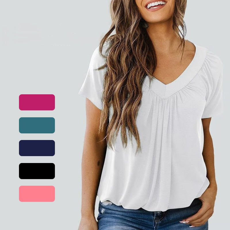 🎁Hot Sale 50% OFF⏳Women's Casual Pleated V-Neck Short-Sleeve Top