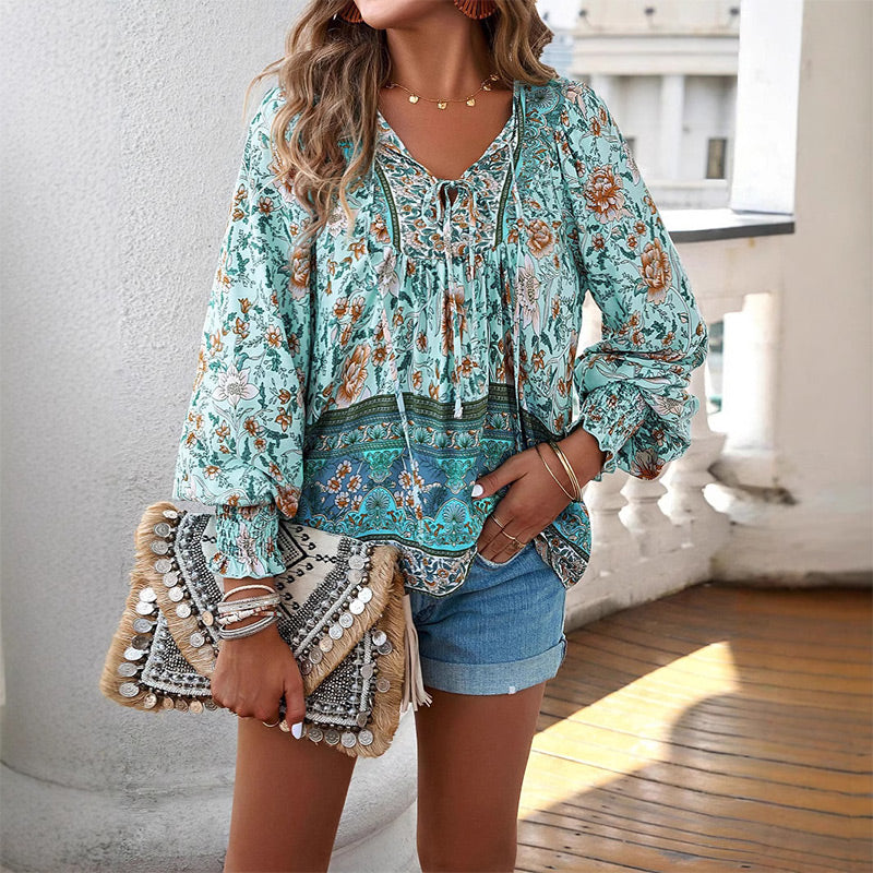 💖Limited time 49% OFF💖Women's Fashion Printed v-Neck Long Sleeve Shirt