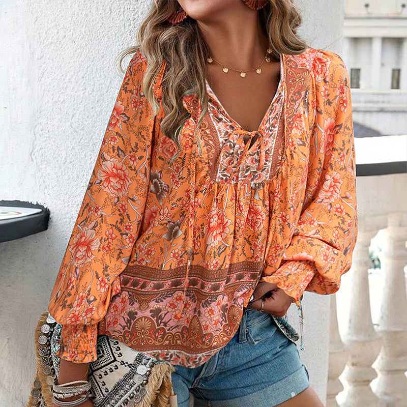 💖Limited time 49% OFF💖Women's Fashion Printed v-Neck Long Sleeve Shirt