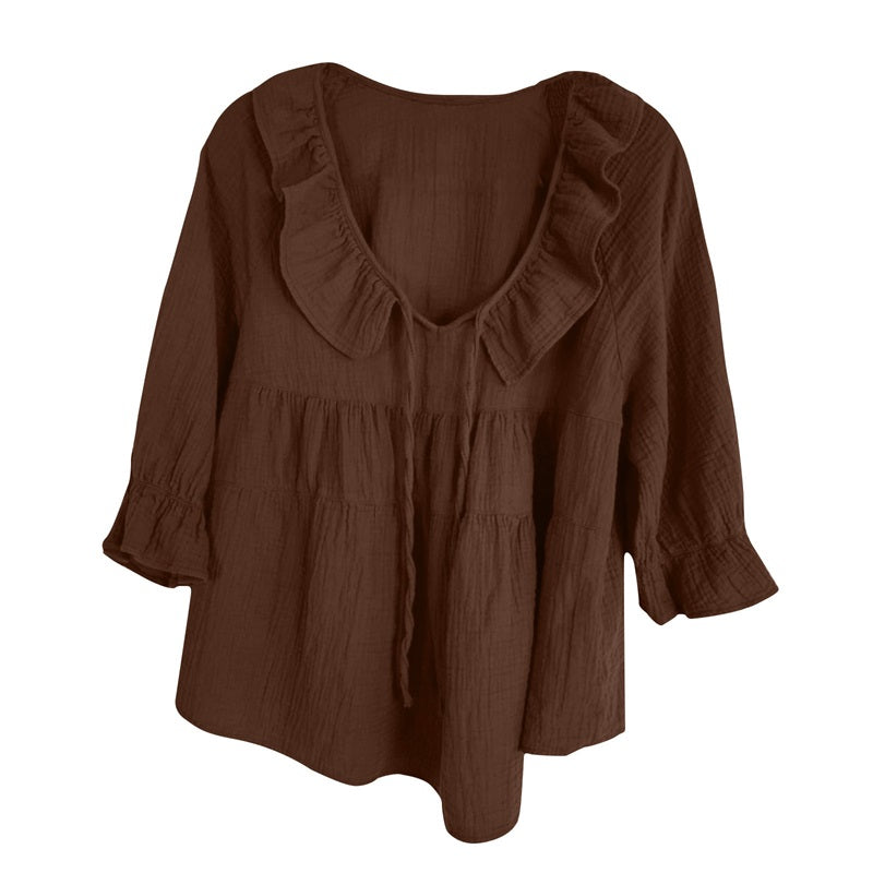 Women's 3/4 Sleeve Tie Front Ruffle Tiered Shirts