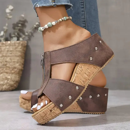 ⏰Limited Sale-50% Off!💟Women's Fashion Rivet Wedge Fish Mouth Thick Bottom Sandals