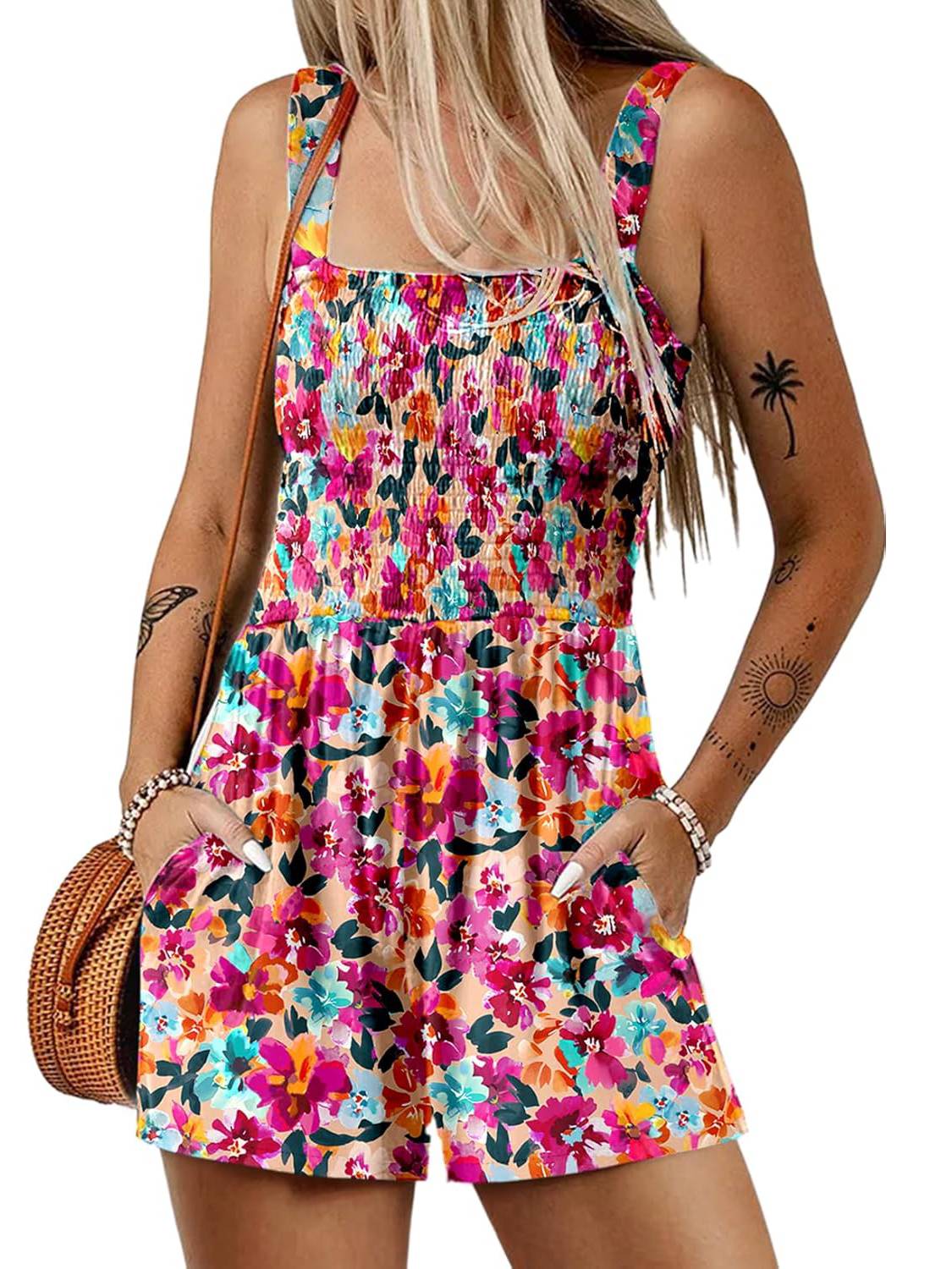 ⏰Hot Sale 49% Off💃Women's Summer Sleeveless Loose Casual Short Smocked Romper With Pockets