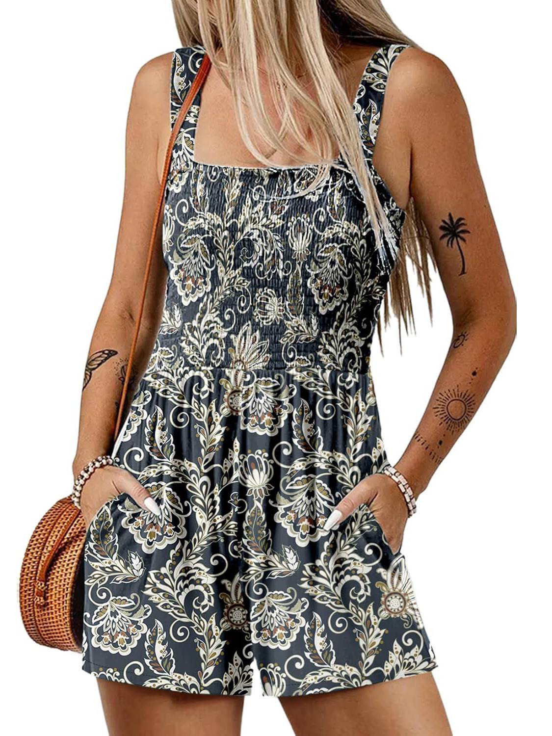 ⏰Hot Sale 49% Off💃Women's Summer Sleeveless Loose Casual Short Smocked Romper With Pockets