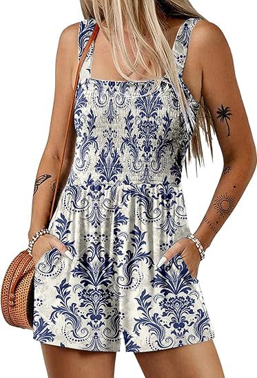⏰Hot Sale 49% Off💃Women's Summer Sleeveless Loose Casual Short Smocked Romper With Pockets