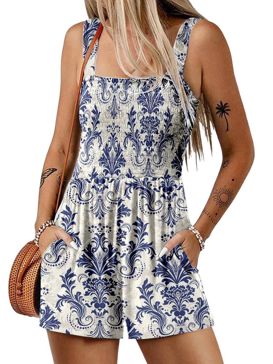 ⏰Hot Sale 49% Off💃Women's Summer Sleeveless Loose Casual Short Smocked Romper With Pockets