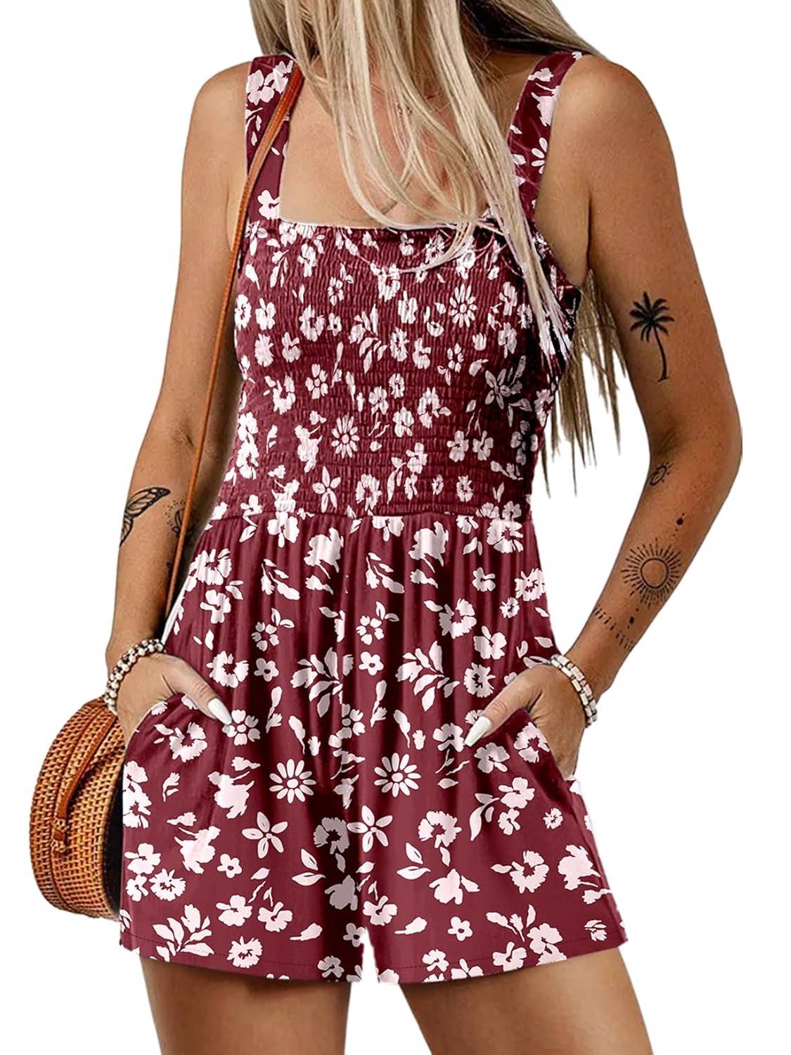 ⏰Hot Sale 49% Off💃Women's Summer Sleeveless Loose Casual Short Smocked Romper With Pockets