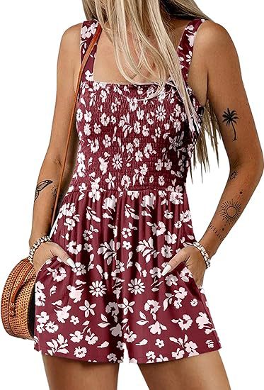 ⏰Hot Sale 49% Off💃Women's Summer Sleeveless Loose Casual Short Smocked Romper With Pockets