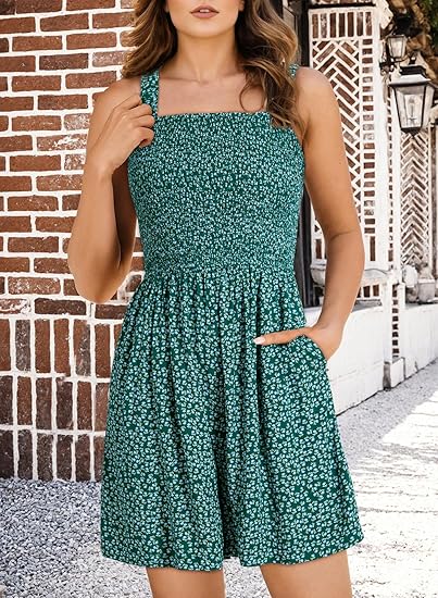 ⏰Hot Sale 49% Off💃Women's Summer Sleeveless Loose Casual Short Smocked Romper With Pockets