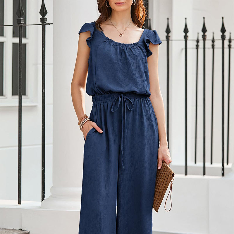 Women's Solid Color Pleated Square Neck Jumpsuit