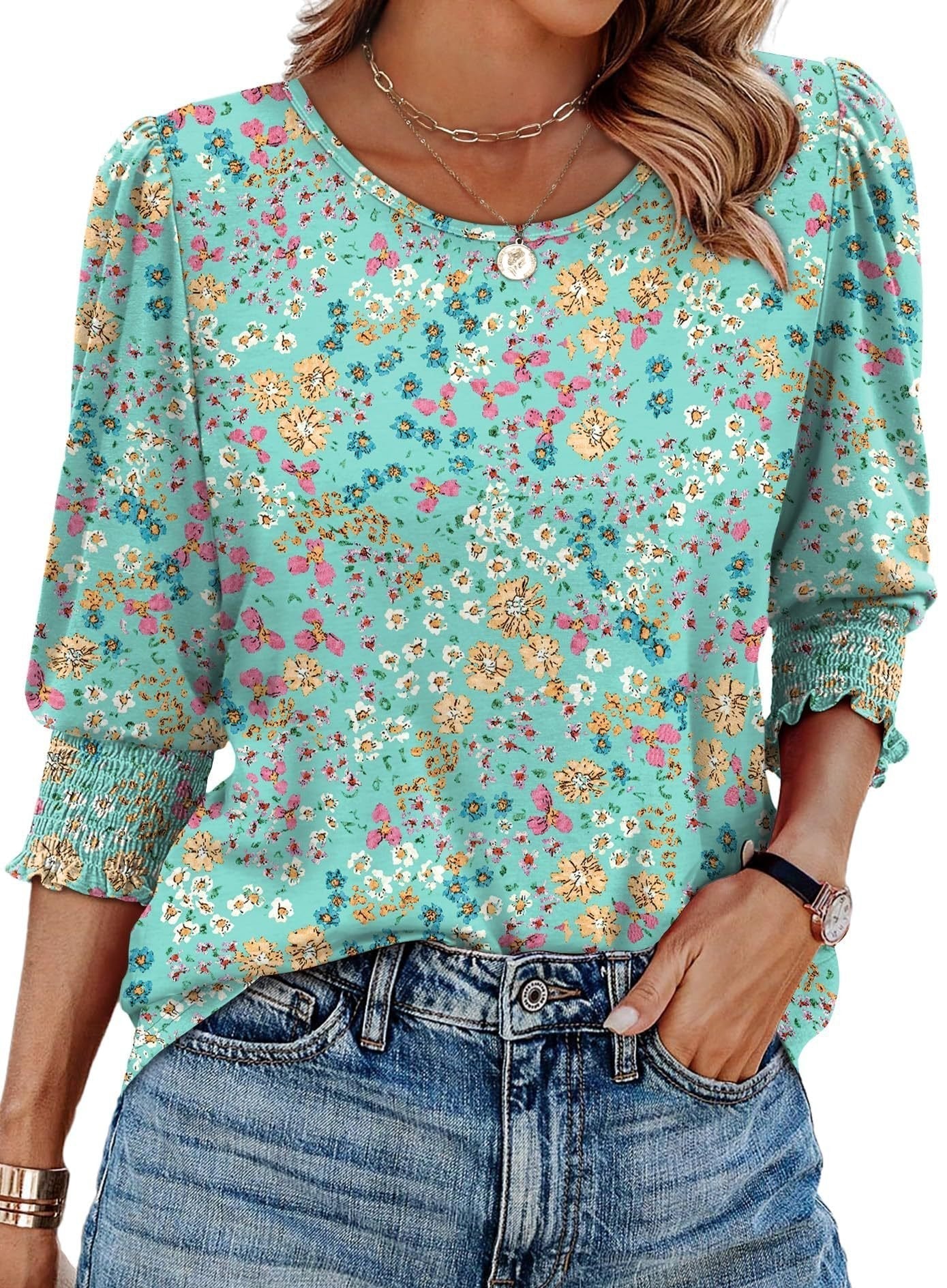 🔥Hot Sale 50% OFF💝✨Women Dressy Casual 3/4 Length Sleeve Blouses with Smocked Cuffs