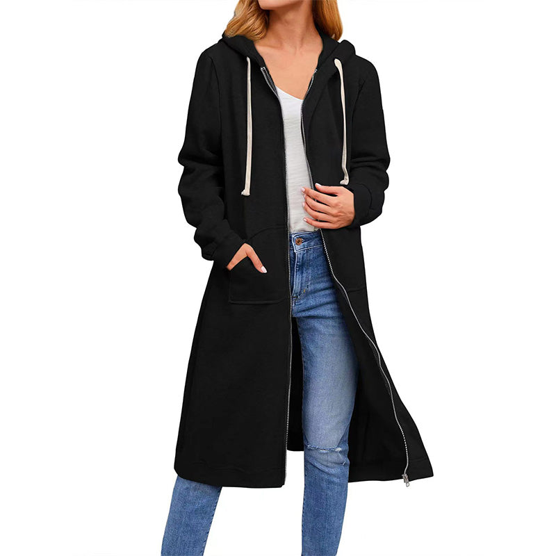 Women's Solid Hooded Zipper Long Sweatshirts