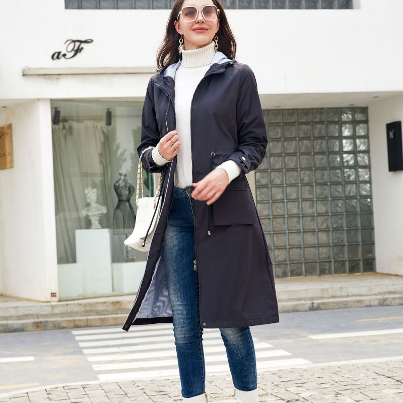 Women's Long Casual Splash-proof Hooded Windbreaker Jacket