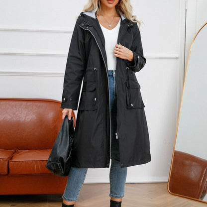 Women's Long Casual Splash-proof Hooded Windbreaker Jacket