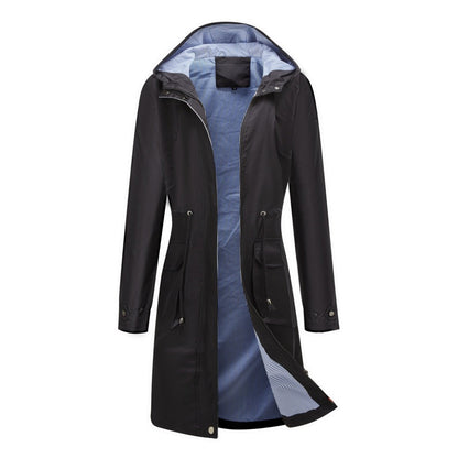 Women's Long Casual Splash-proof Hooded Windbreaker Jacket