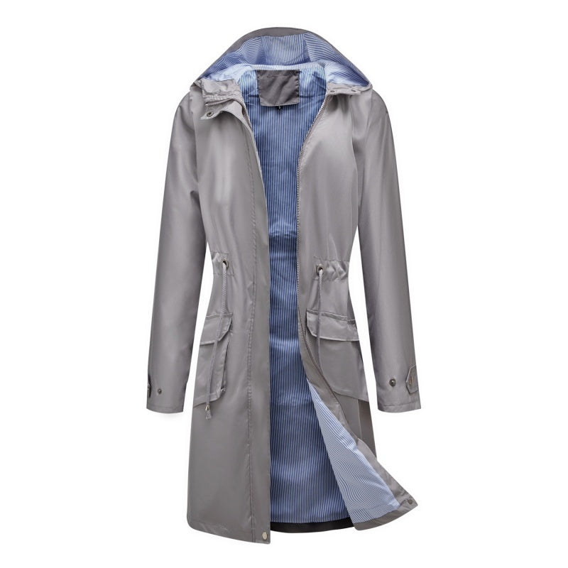 Women's Long Casual Splash-proof Hooded Windbreaker Jacket