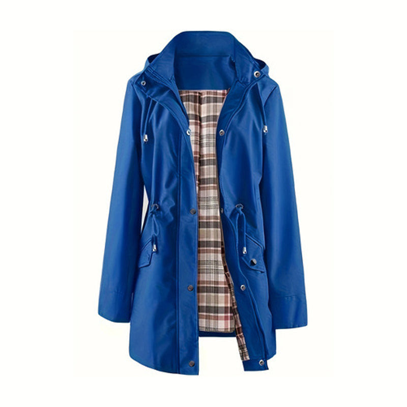 Long Hooded Drawstring Waist-Cinching Zipper Windbreaker