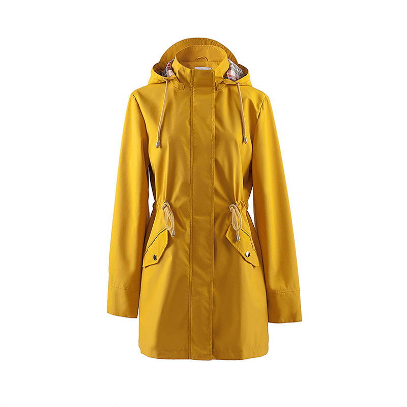 Long Hooded Drawstring Waist-Cinching Zipper Windbreaker
