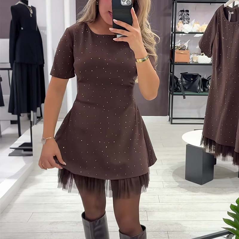 Women’s Sparkling Lace Trim Short-Sleeve Mini Dress