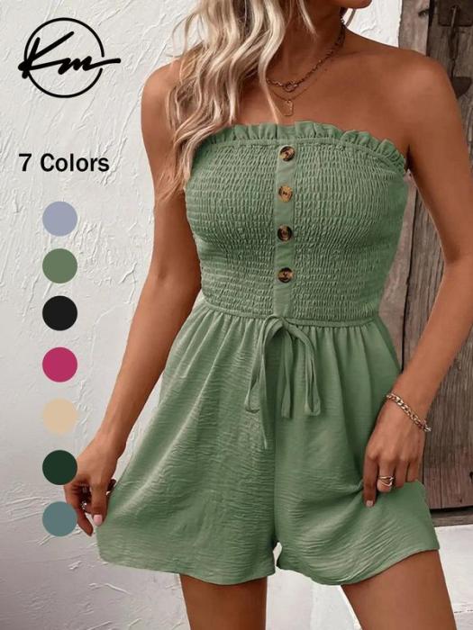 💜LAST DAY PROMOTION - 33%OFF💜Women's Strapless Frill Trim Shirred Tie Front Wide Leg Tube Romper